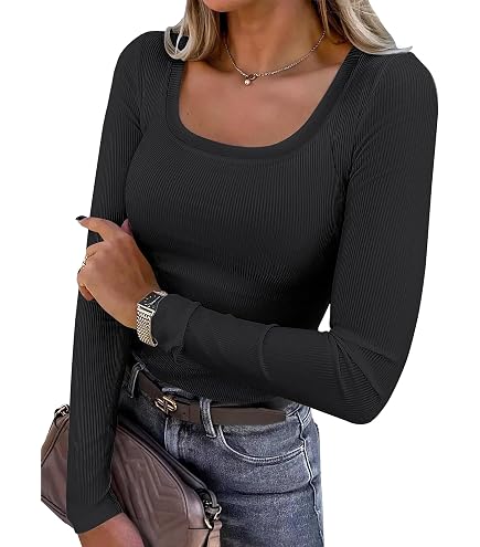 ANRABESS Women's Long Sleeve Henley Tops Ribbed Knit Slim Fitted